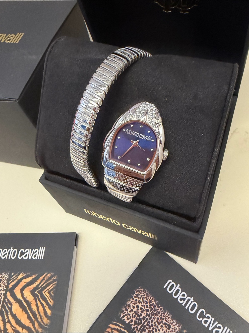Roberto Cavalli Snake Wrap Watch Blue Dial Silver Crystal Box